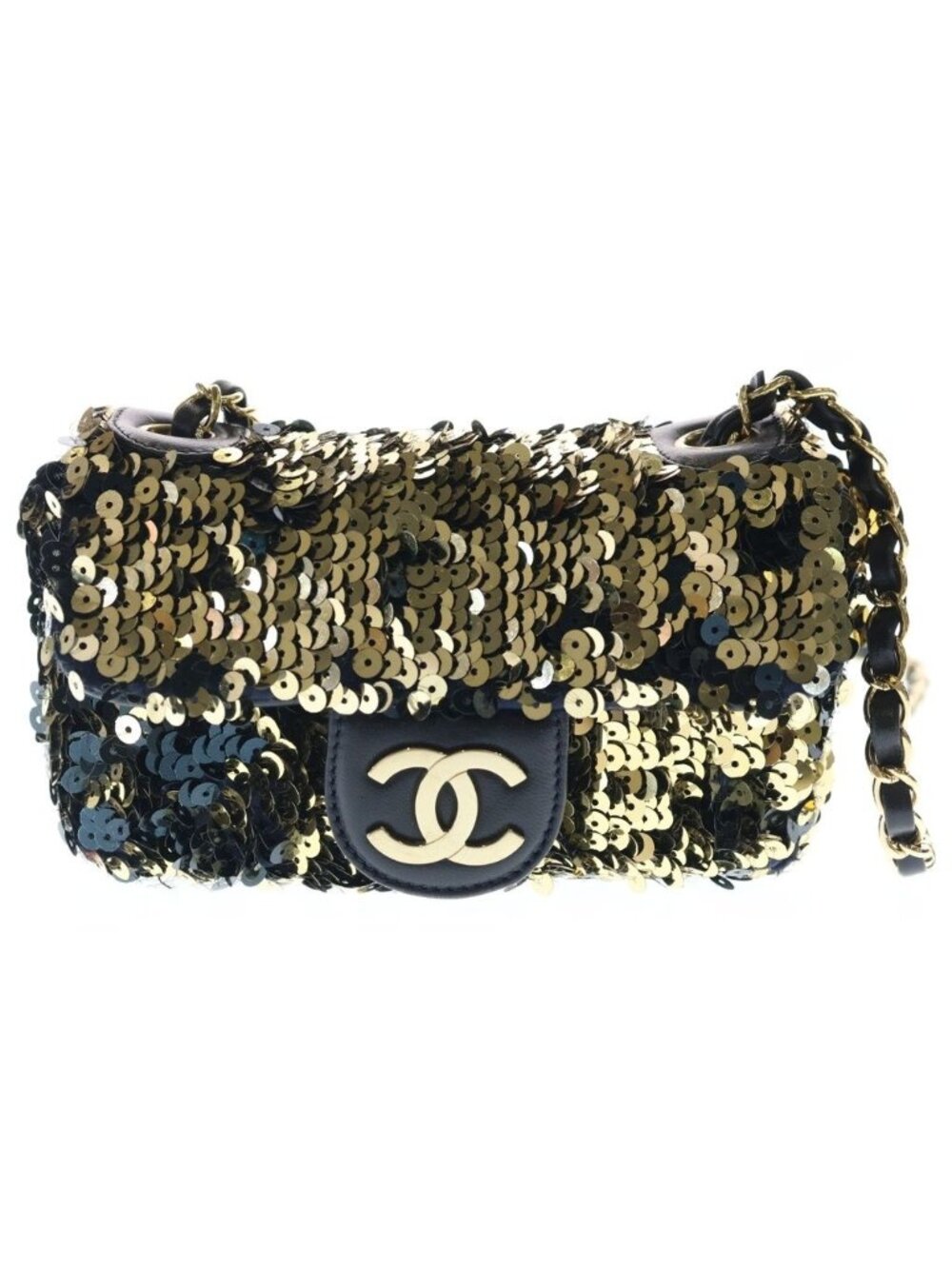Chanel Sequin Chain Shoulder Bag Flap CC Logo Leather Gold Black